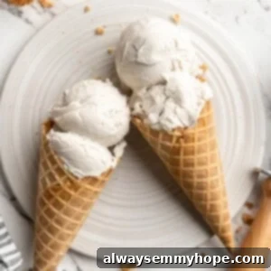 Creamy Plant-Based Bliss 2 Overhead view of two perfectly scooped vanilla vegan ice cream cones on a plate