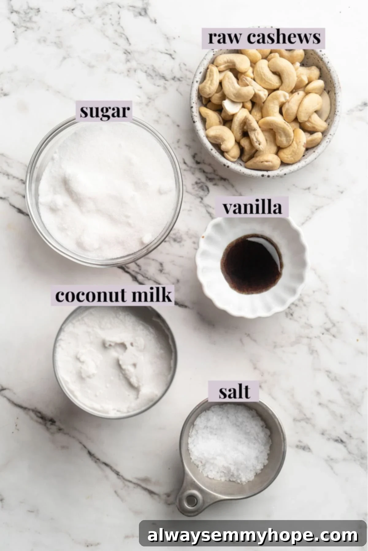 Cover this homemade vegan ice cream very tightly to prevent ice particles from forming. It will keep fresh in the freezer for up to 2 weeks. Overhead view of all the simple ingredients for homemade vegan vanilla ice cream laid out: cashews, coconut milk, vanilla, sugar, and sea salt