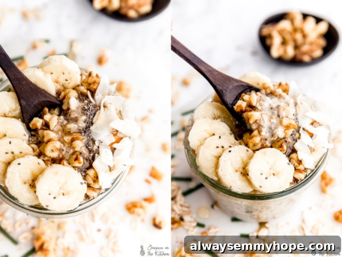 These banana bread overnight oats taste like dessert for breakfast! This easy recipe is filling, nourishing, and excellent for meal prep. Side by side photos of close up of overnight oats and a shot of pulling the oats out.
