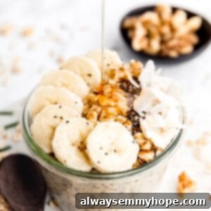 Banana Bread Overnight Oats 2 maple syrup being drizzled into a jar of overnight oats