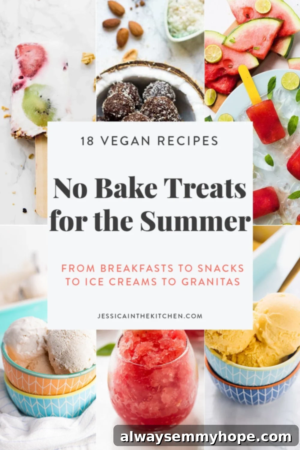 Assortment of delicious vegan no-bake summer treats, featuring vibrant ice creams, refreshing popsicles, and wholesome energy bites.