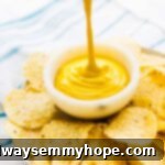 Rich vegan cheese sauce elegantly drizzling into a small bowl, positioned centrally on a plate surrounded by golden tortilla chips.