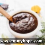 Rich, dark Jamaica jerk sauce served in a white bowl, with a wooden spoon protruding, ready to infuse flavour.