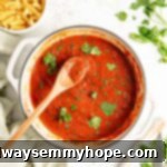 Overhead view of homemade marinara sauce simmering in a pot, beautifully garnished with fresh parsley leaves scattered on top.