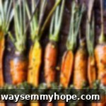 A uniform row of perfectly roasted carrots, glistening with maple glaze, arranged neatly on a baking sheet, ready for serving.