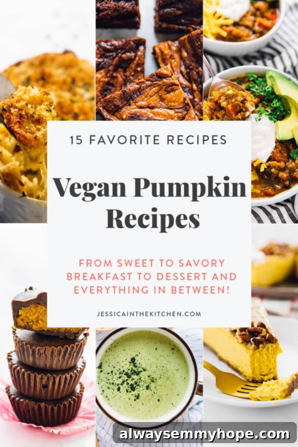Image of six photos of vegan pumpkin recipes with text for Pinterest for the sauce roundup describing the recipes.