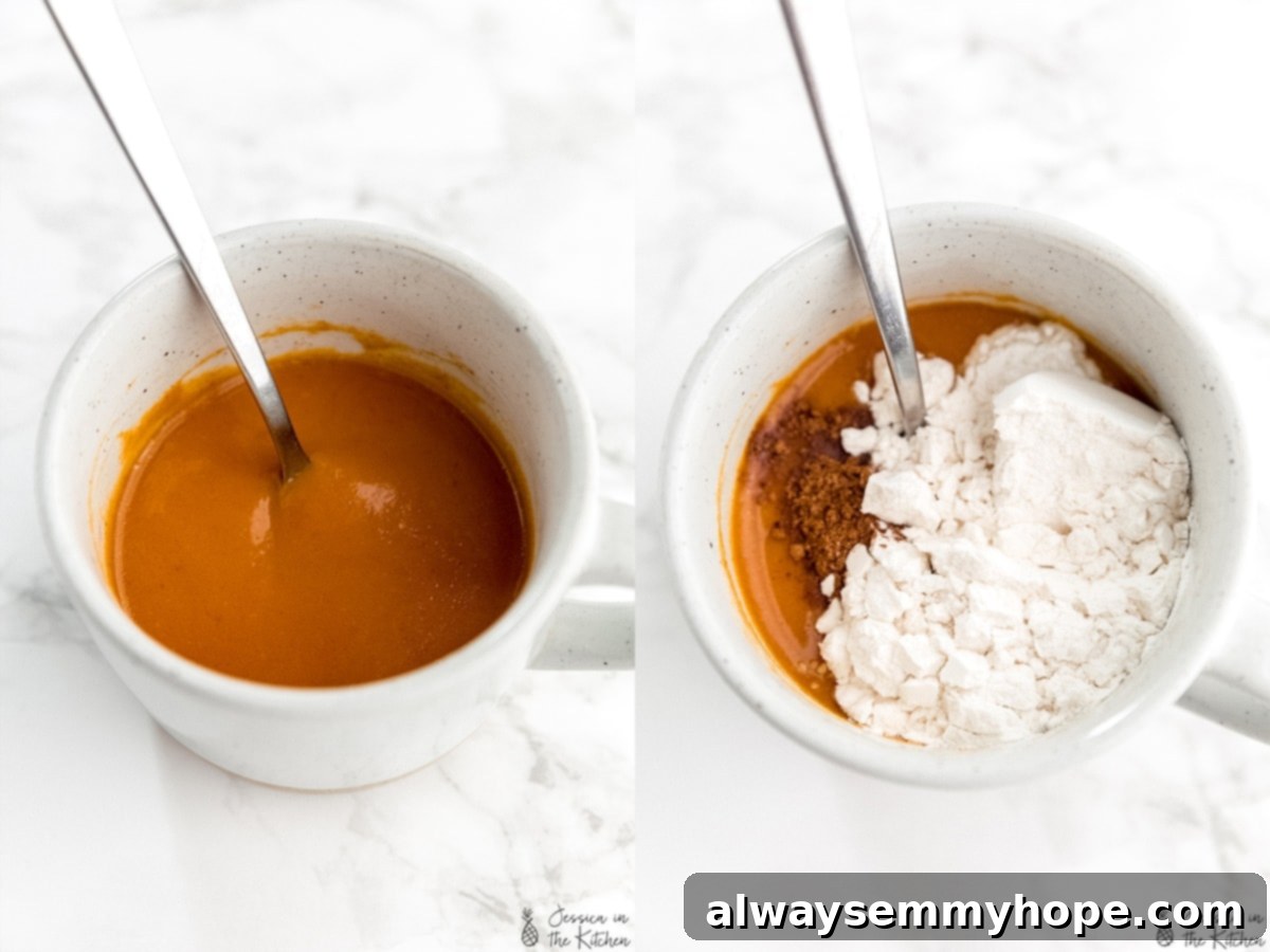 Prep photos of a mug cake being mixed in a bowl.