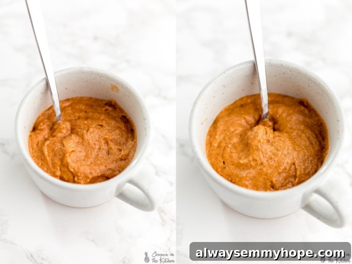 Prep photos of a mug cake batter in a mug with a spoon.