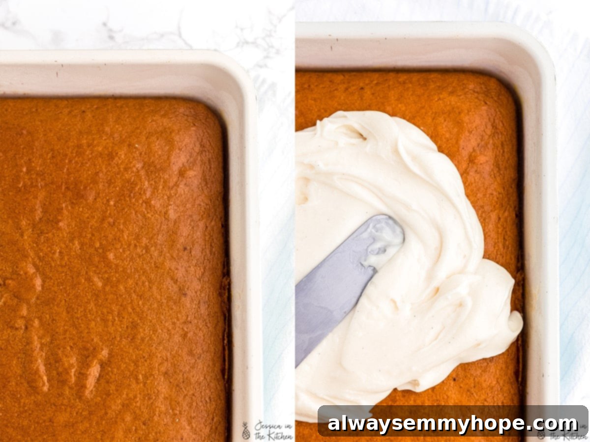 This Vegan Pumpkin Cake recipe is the perfect mix of moist, fluffy, and spiced. Top with cream cheese frosting for the ultimate fall dessert. Side by side shots of a plain sheet pumpkin cake and the other photo of frosting being spread onto the sheet cake.