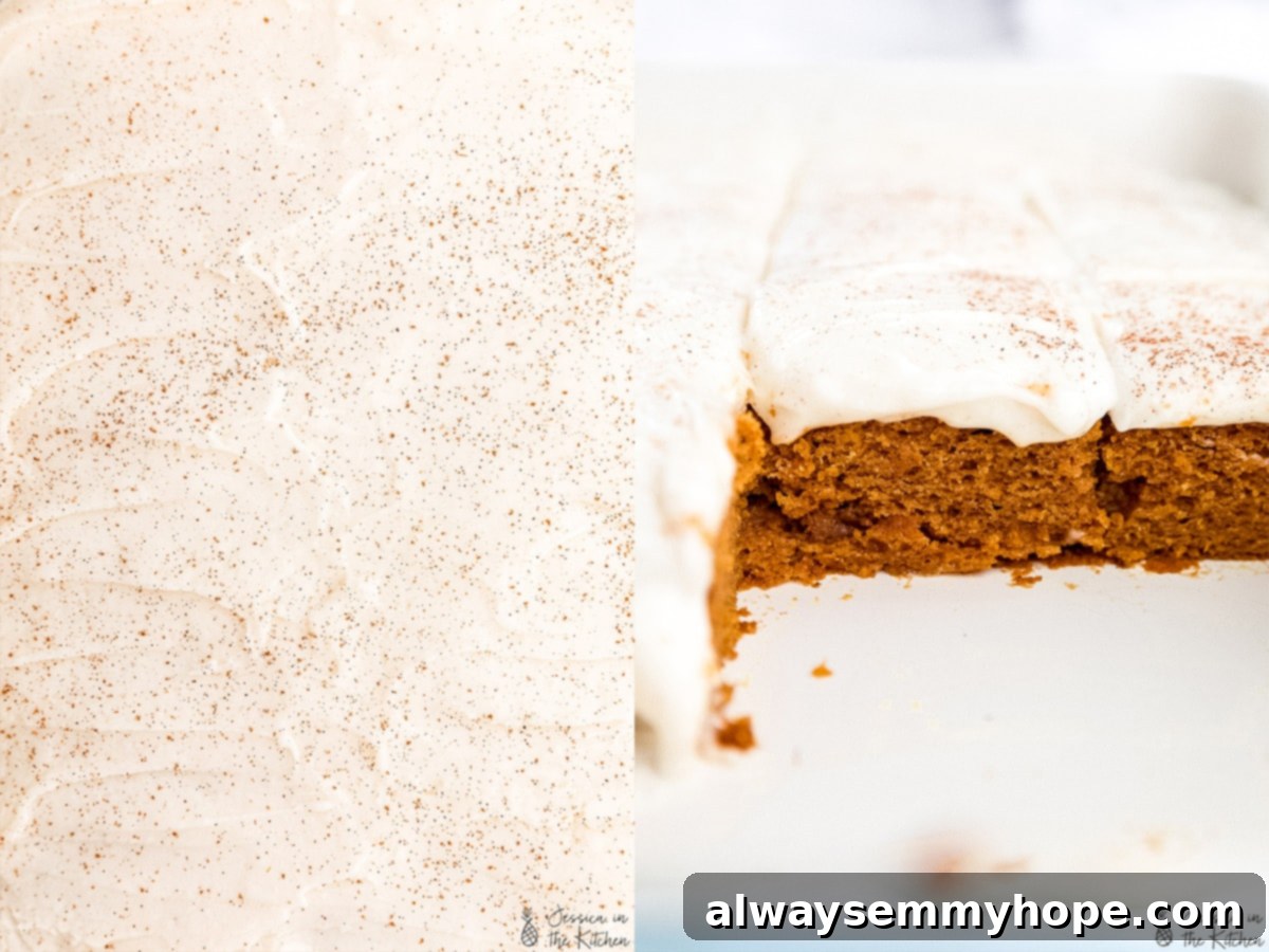 This Vegan Pumpkin Cake recipe is the perfect mix of moist, fluffy, and spiced. Top with cream cheese frosting for the ultimate fall dessert. Side by side photos one of a frosted pumpkin cake the other the inside of a cut sheet cake.