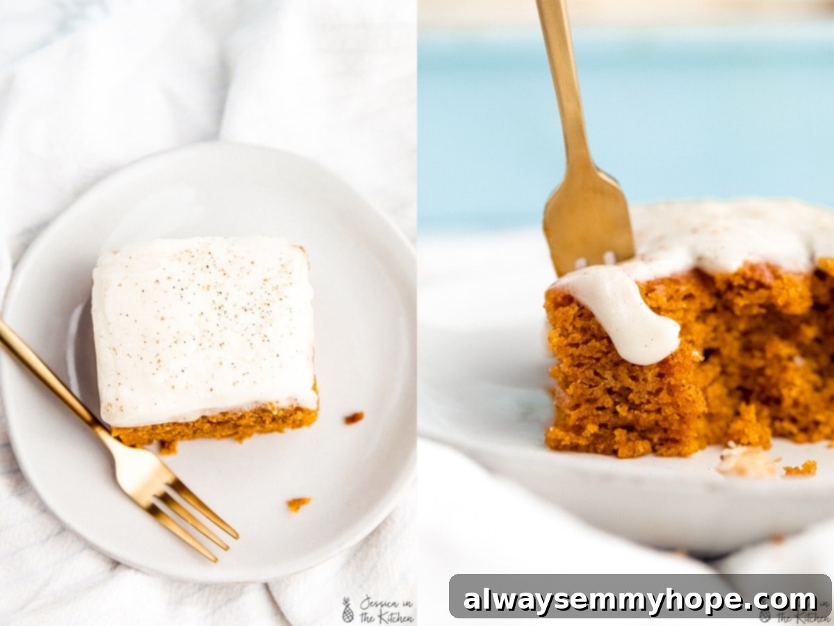 This Vegan Pumpkin Cake recipe is the perfect mix of moist, fluffy, and spiced. Top with cream cheese frosting for the ultimate fall dessert. A side by side photos one of a slice of pumpkin cake on a plate with a fork, the other a fork going through the cake.