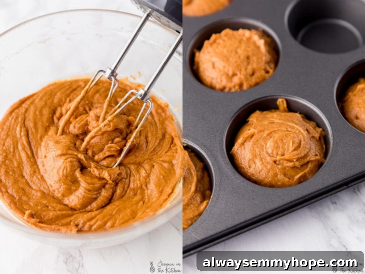 Side by side photos of muffin batter in a bowl and muffin batter scooped into muffin cups.