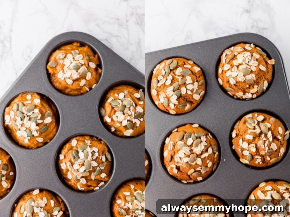 Side by side photos of muffin batter in muffin pan and photo of baked muffins.