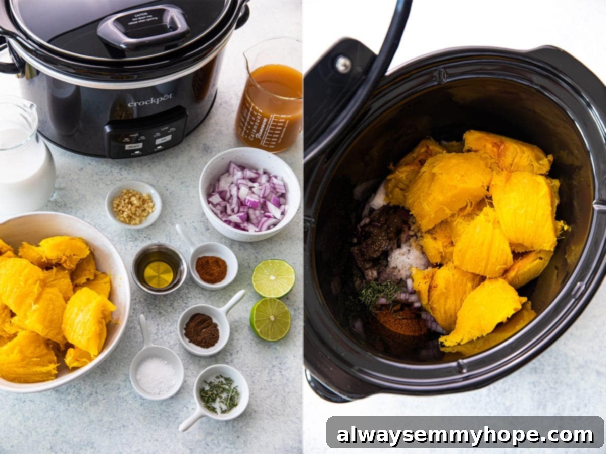 Side by side shots of ingredients and pumpkin puree in a pot. 