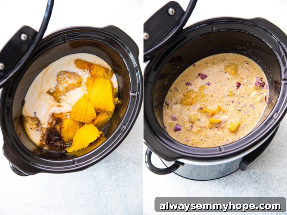 Step by step photos of soup prep in slow cooker.