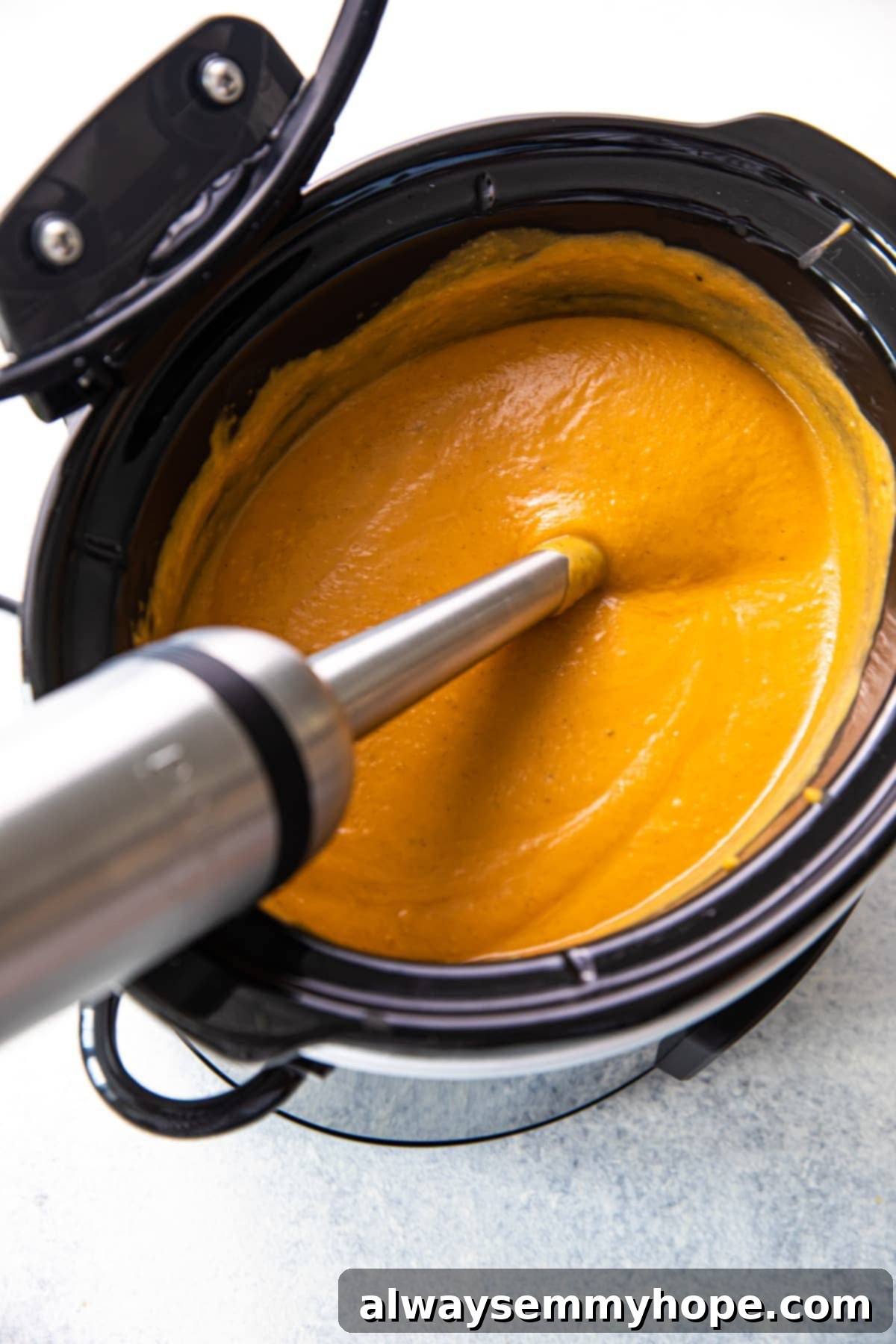 Immersion blender in slow cooker blending soup.