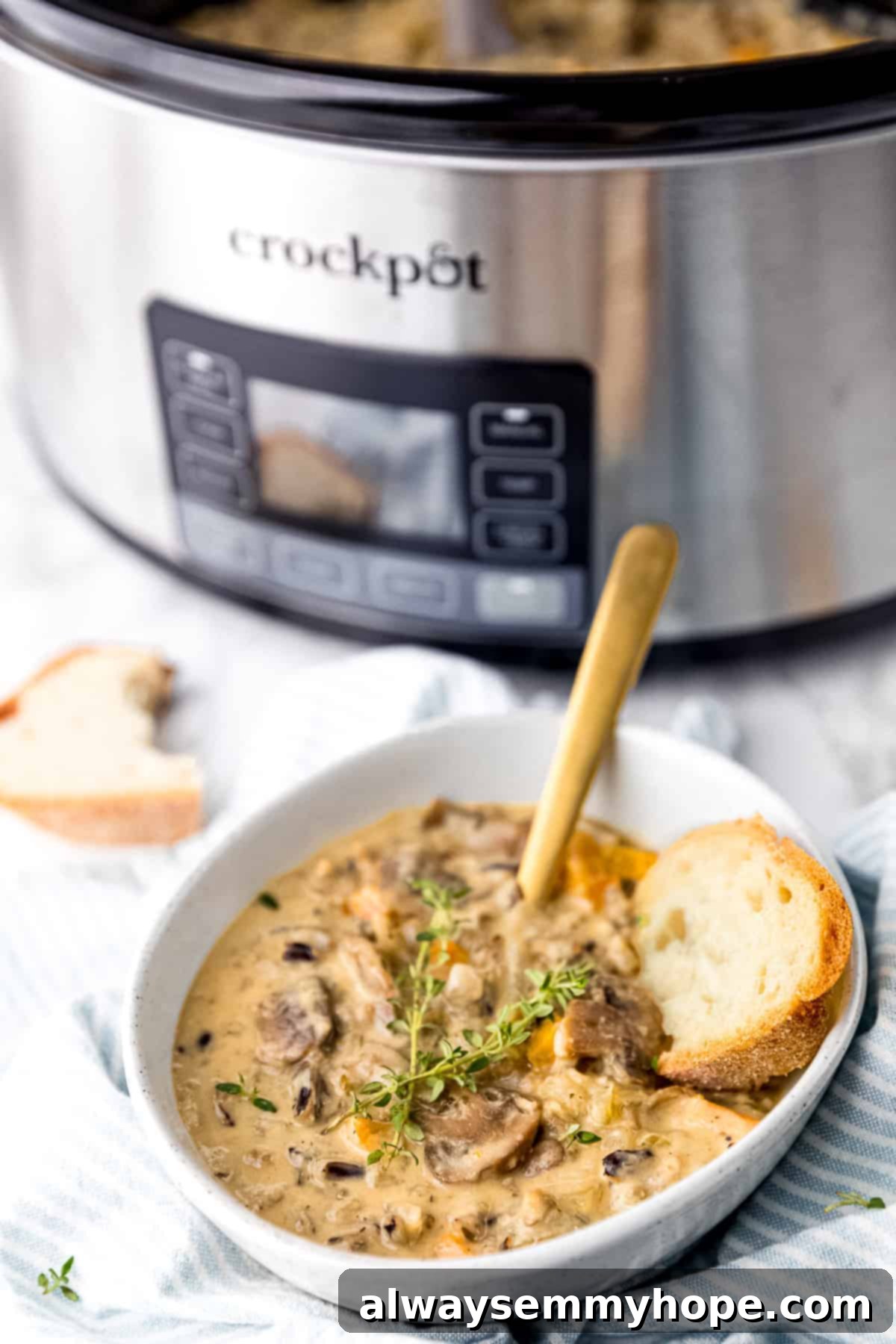 Crockpot in the background, with a beautifully garnished bowl of mushroom wild rice soup in the foreground.