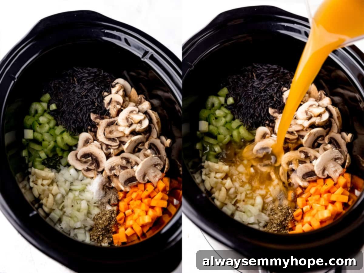 Sequential photos showing the process of adding vegetables and broth to a slow cooker.