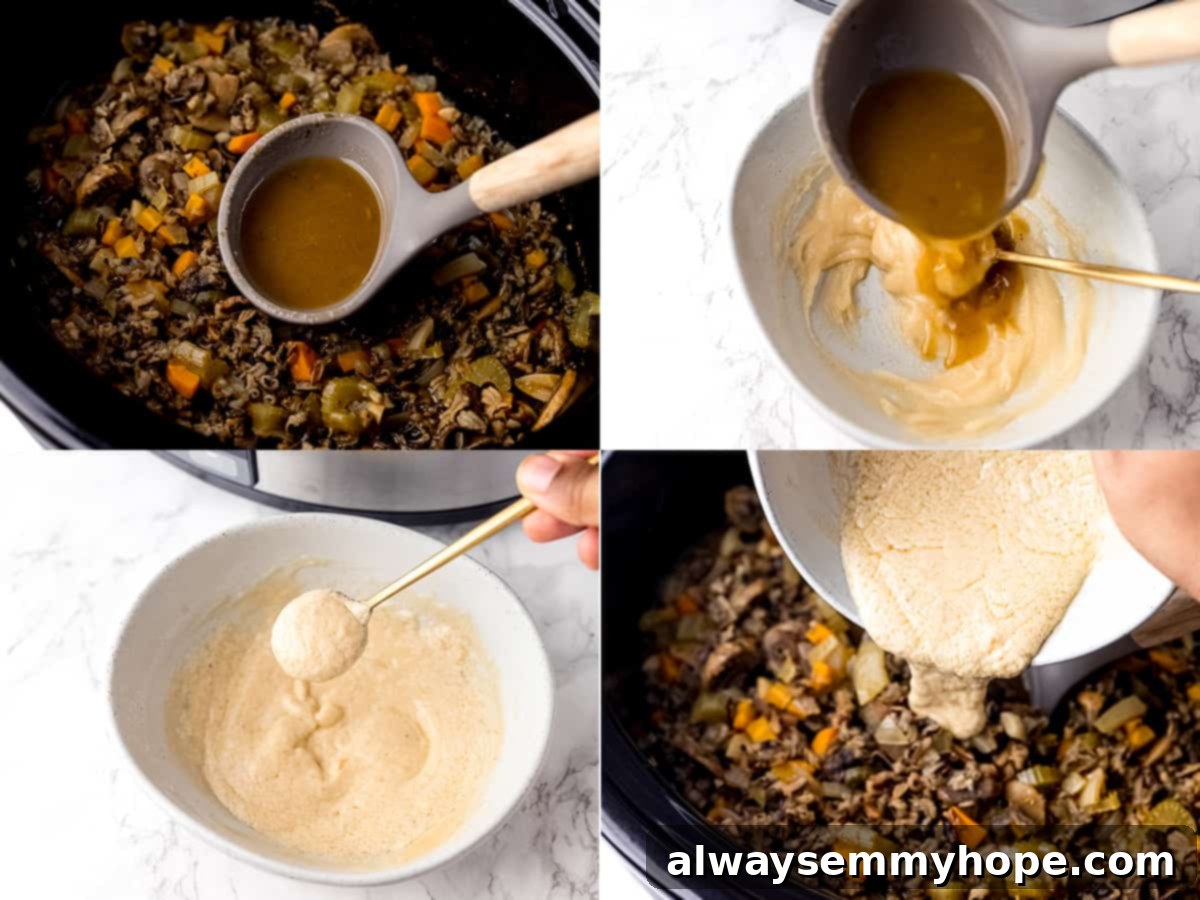 Steps showing a ladle of hot soup being added to the butter-flour mixture and then the combined mixture poured back into the main pot of soup.