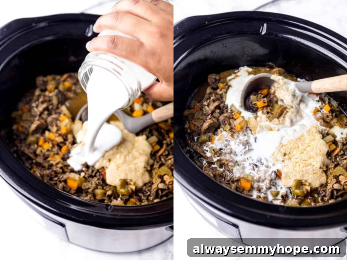 Two sequential shots showing coconut milk being poured into the rich, creamy mushroom wild rice soup in the slow cooker.