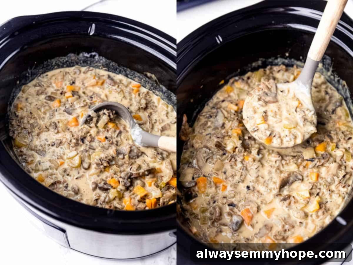 Side by side shots of creamy mushroom wild rice soup in a pot, ready to be served.