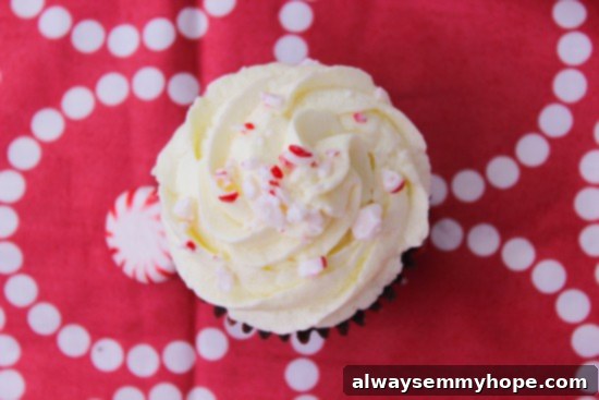 Top down shot of three chocolate peppermint swirl cupcakes on a festive red tablecloth.