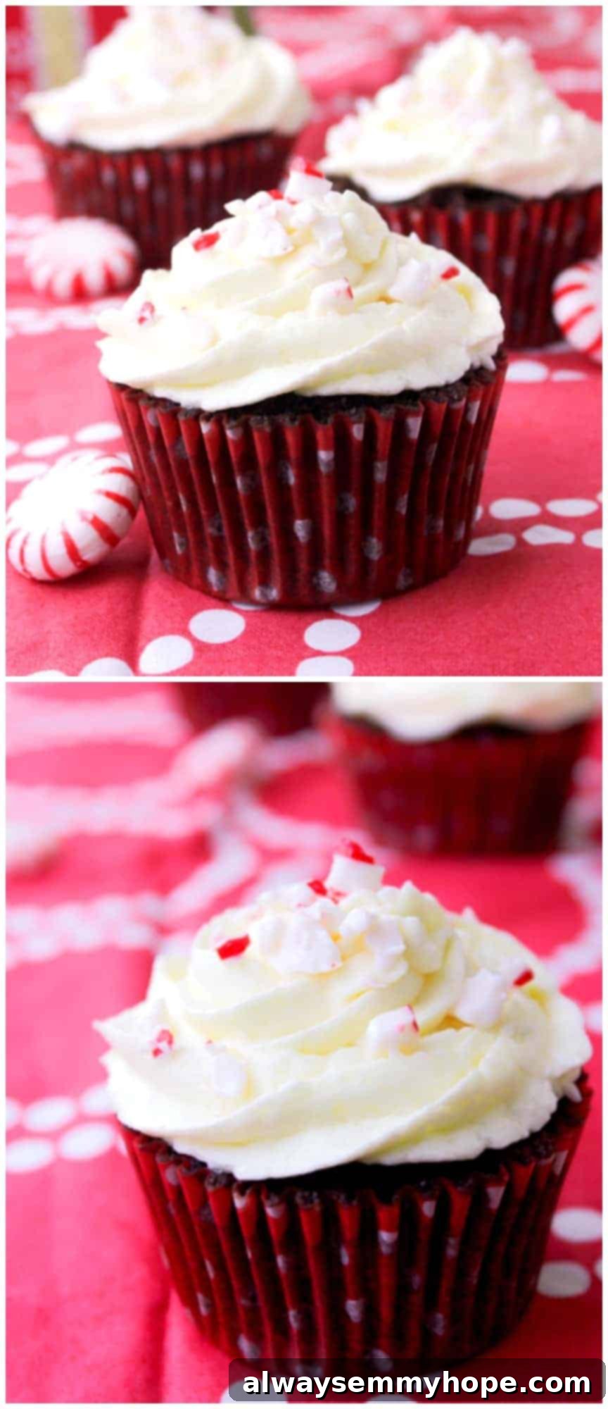 Frosted chocolate peppermint swirl cupcakes with crushed peppermint garnish on a red tablecloth.