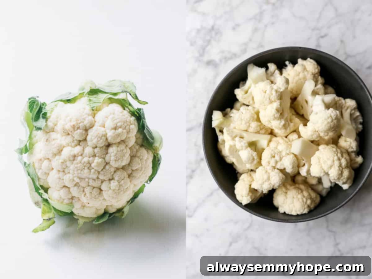 BBQ cauliflower wings are perfect for game day appetizers or make them your main dish on a weeknight. So easy and delicious! A head of cauliflower next to a bowl of cauliflower florets.