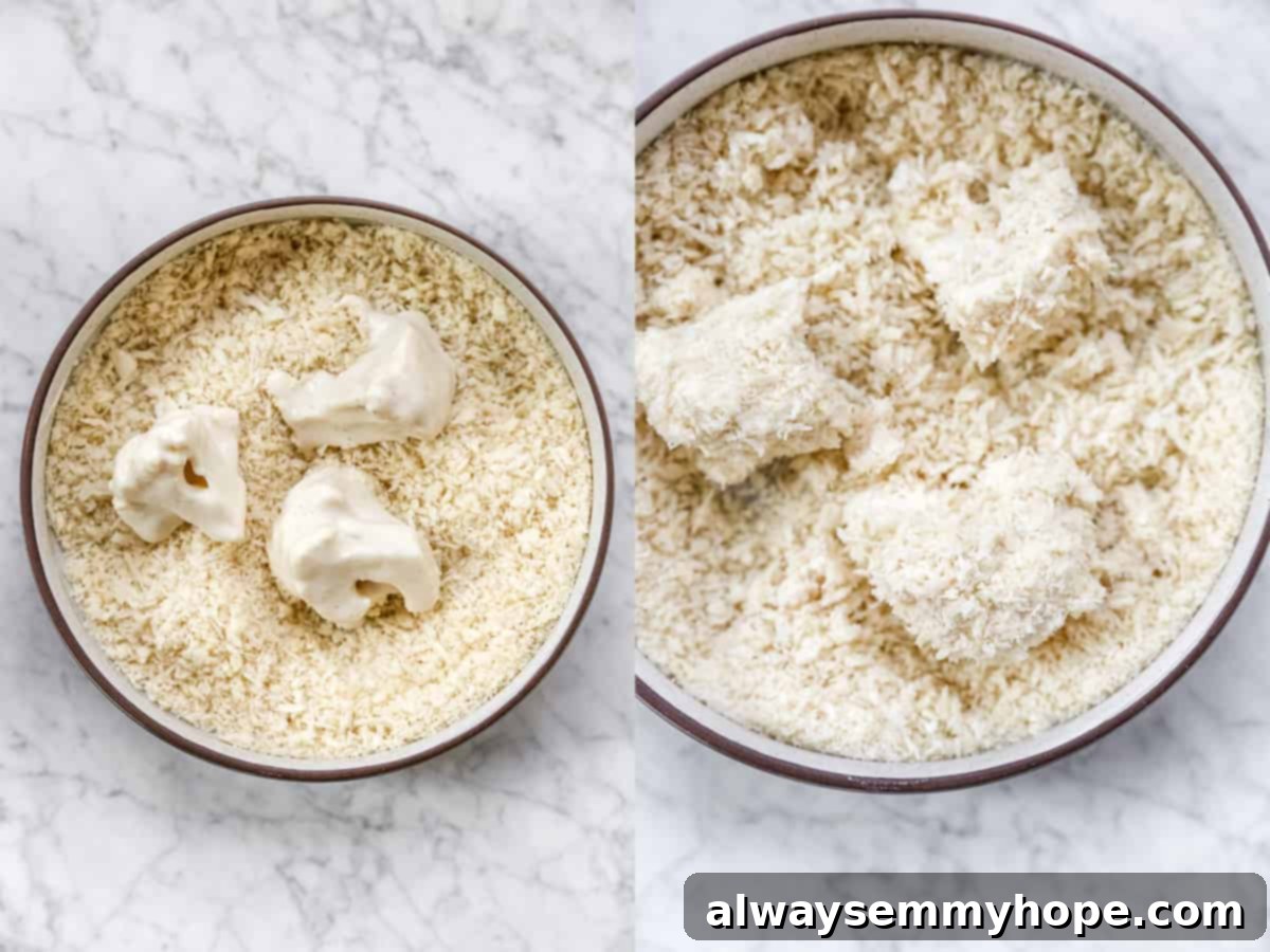 BBQ cauliflower wings are perfect for game day appetizers or make them your main dish on a weeknight. So easy and delicious! Cauliflower florets in a bowl of breadcrumbs.