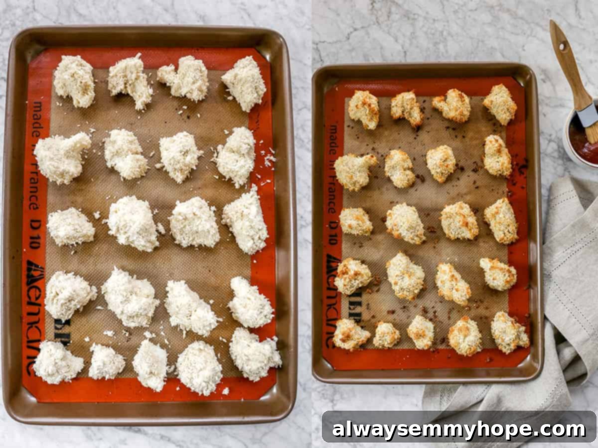 BBQ cauliflower wings are perfect for game day appetizers or make them your main dish on a weeknight. So easy and delicious! Cauliflower florets on a baking sheet, before and after baking.