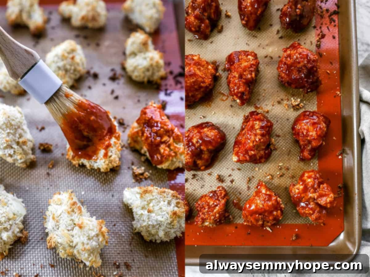 BBQ cauliflower wings are perfect for game day appetizers or make them your main dish on a weeknight. So easy and delicious! A brush coating cauliflower florets in bbq sauce.