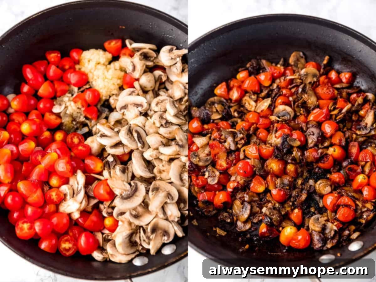 Top down shot of tomatoes and mushrooms in a pan cooking.
