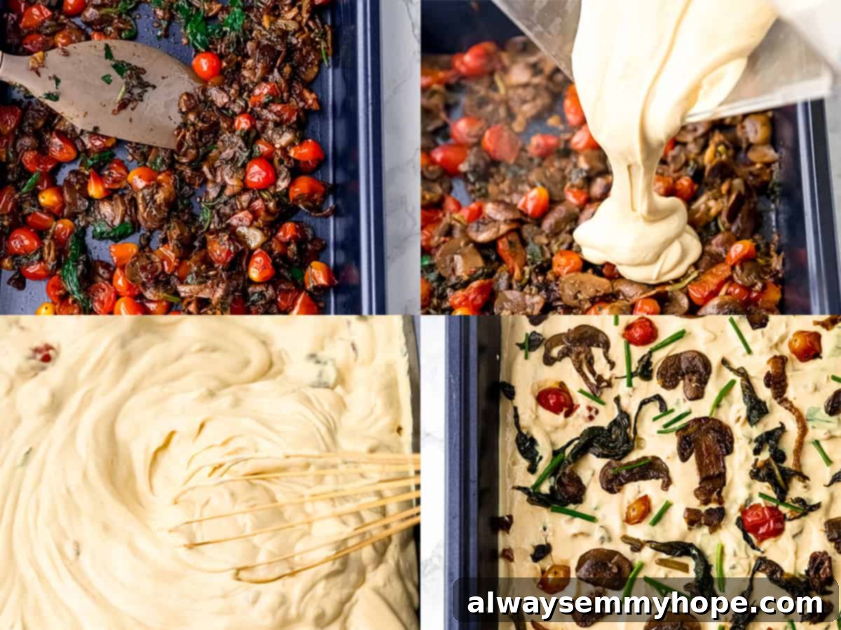 Process shots of pouring vegan frittata mix into a pan.
