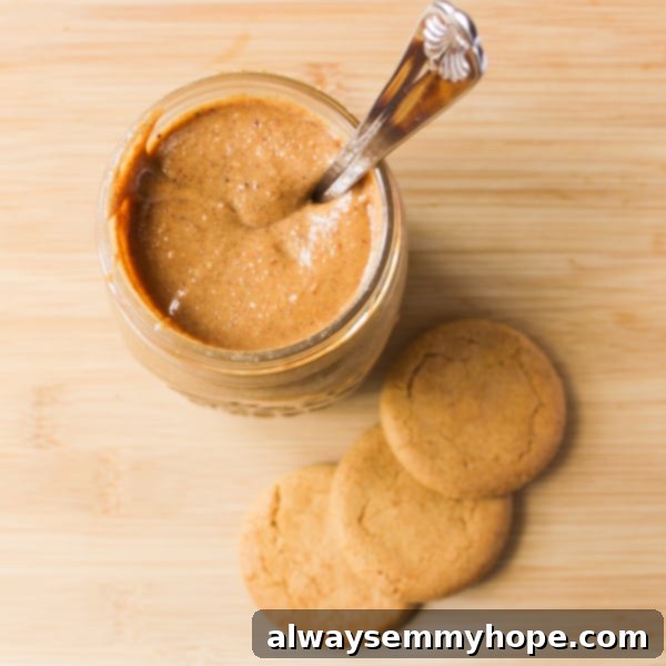 Top down shot of cookie butter in a glass jar.