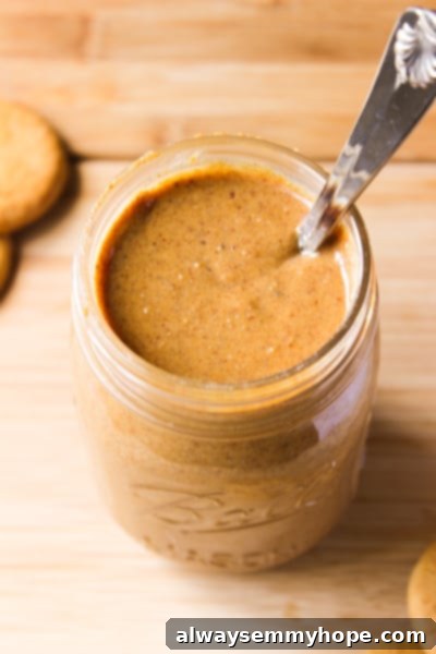 Overhead shot of cookie butter in a glass jar with a spoon.