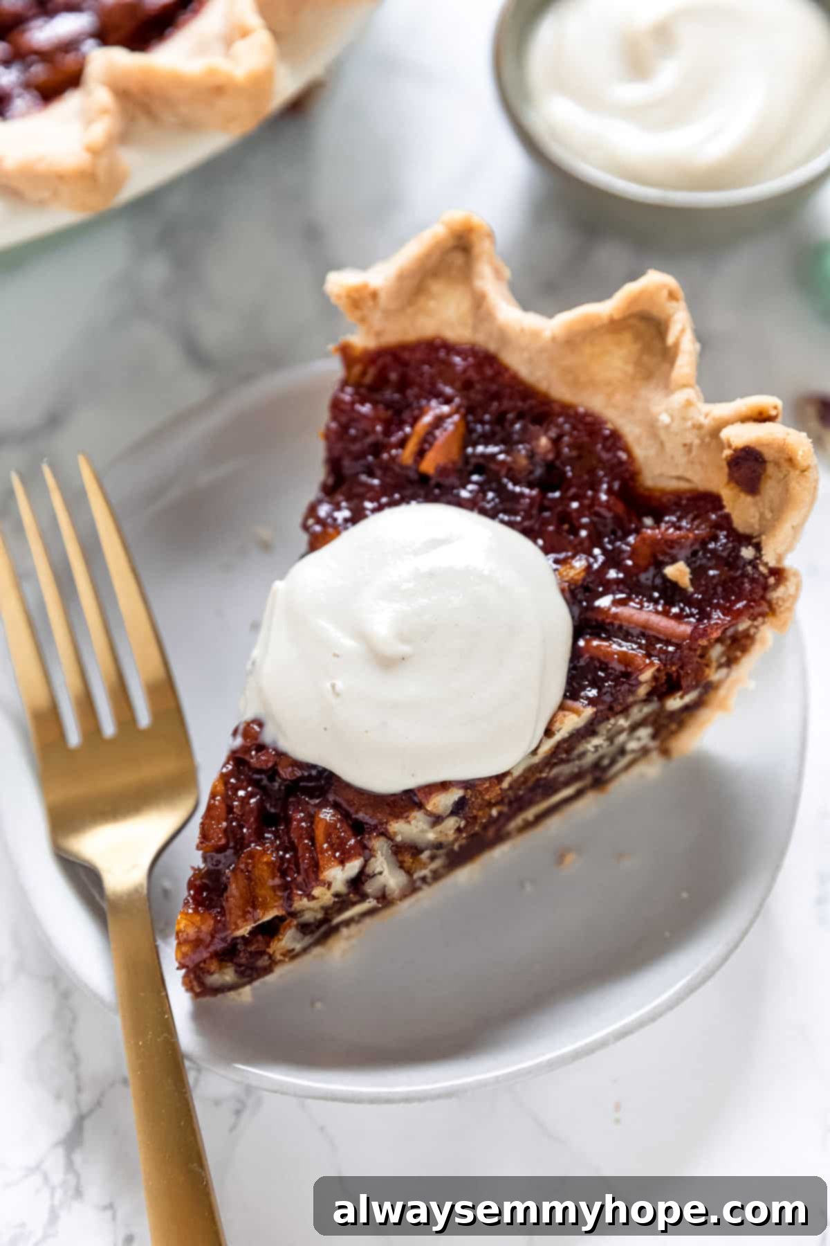 Close up of a slice of vegan pecan pie on a plate with a dollop of whipped cream on top, next to a fork.