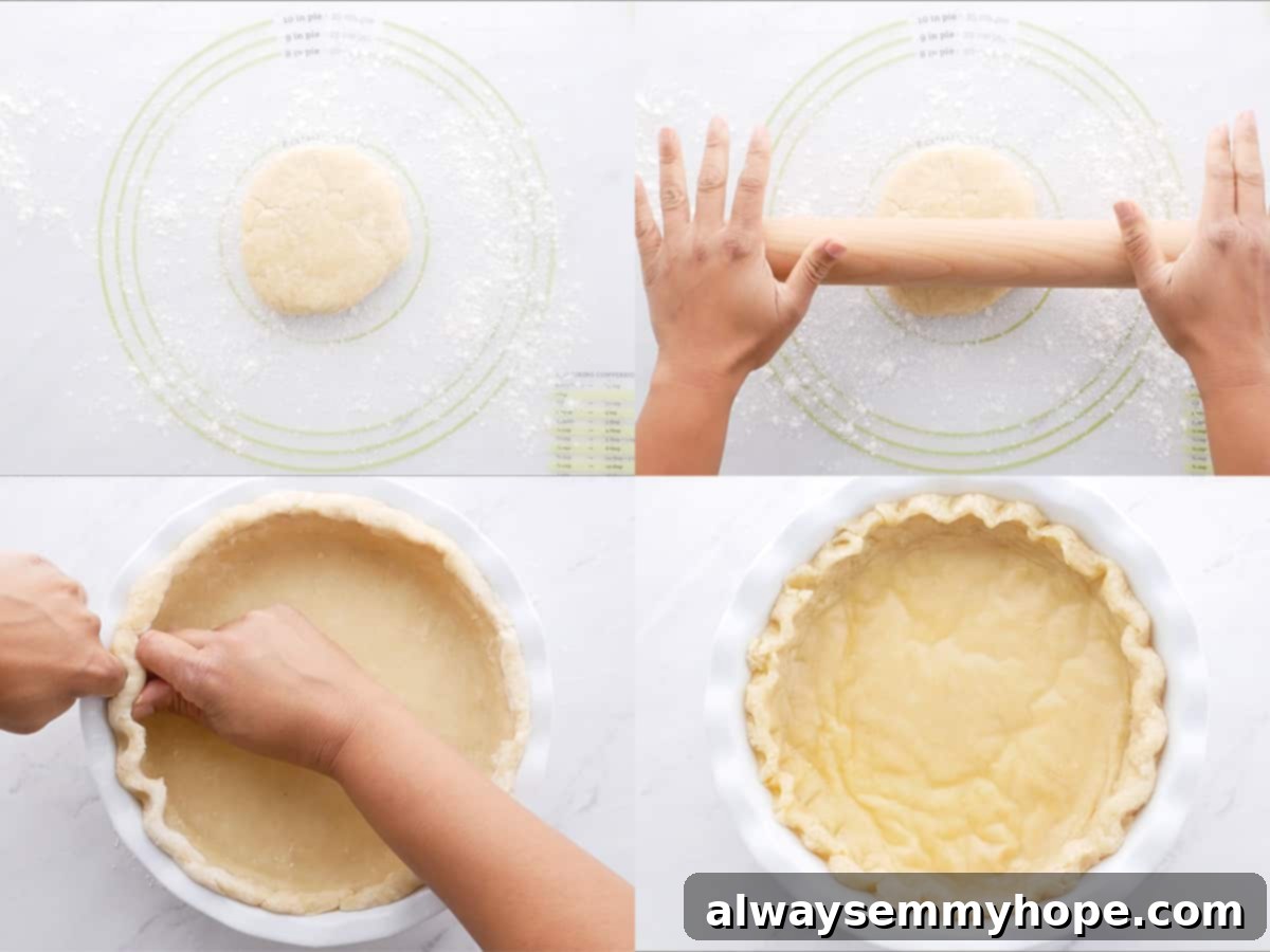 Step by step photos showing how to prepare and roll out a vegan pie crust.