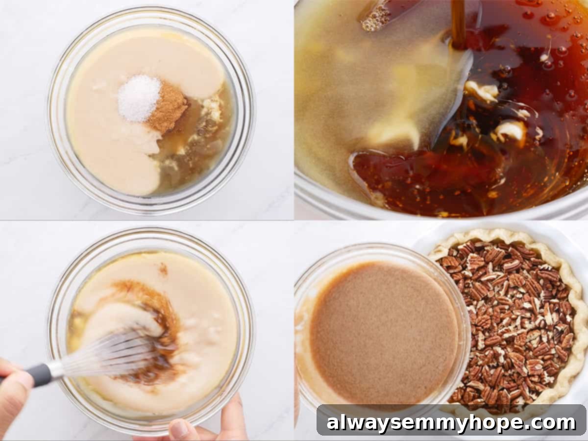 Step by step photos showing how to mix the filling ingredients for vegan pecan pie.