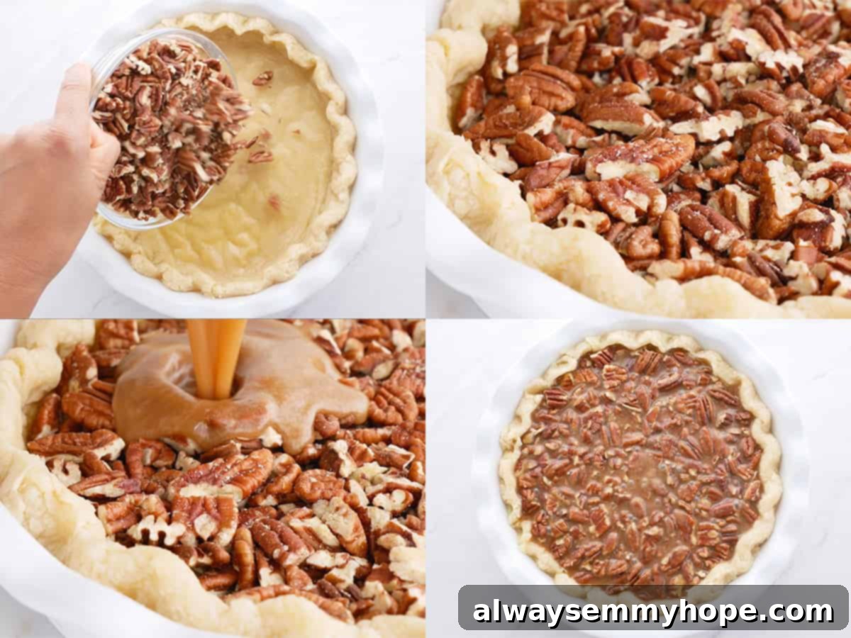 Step by step photos showing how to assemble a vegan pecan pie.