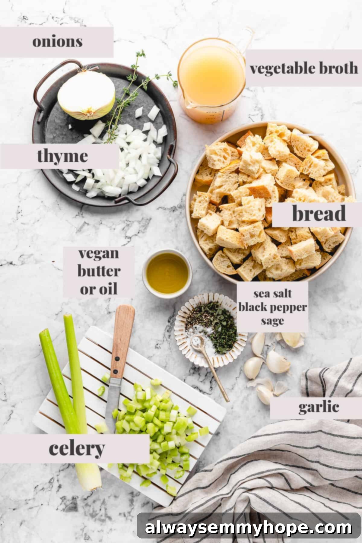 A selection of fresh ingredients laid out on a wooden board, ready for making vegan stuffing, including bread, herbs, and vegetables.