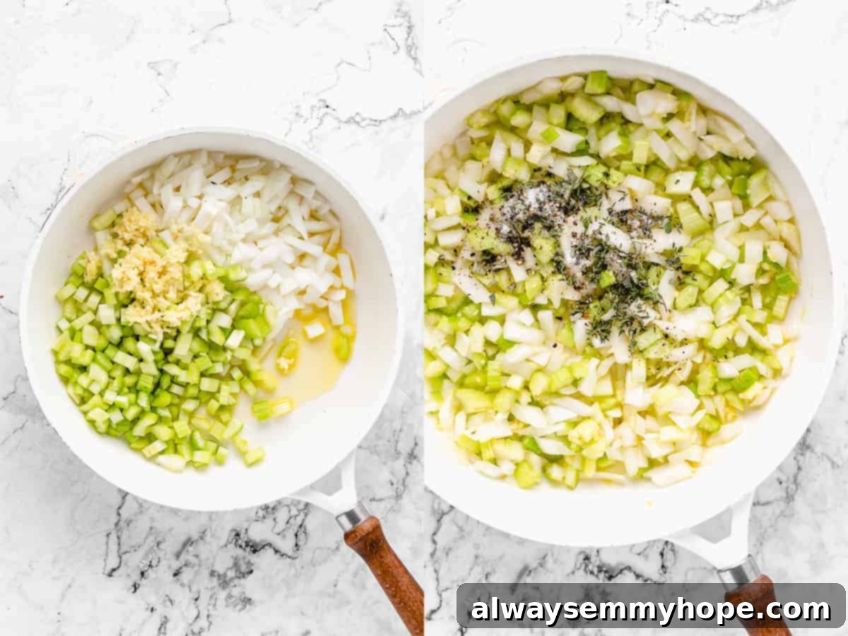 Side-by-side images showing onions, garlic, and celery cooking down in a pan, transforming into tender, fragrant aromatics for the stuffing base.
