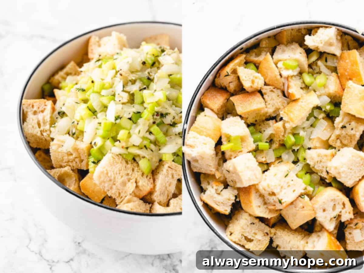 A large mixing bowl containing dried bread pieces and the sautéed vegetable mixture, ready for the broth to be added and combined into the stuffing.