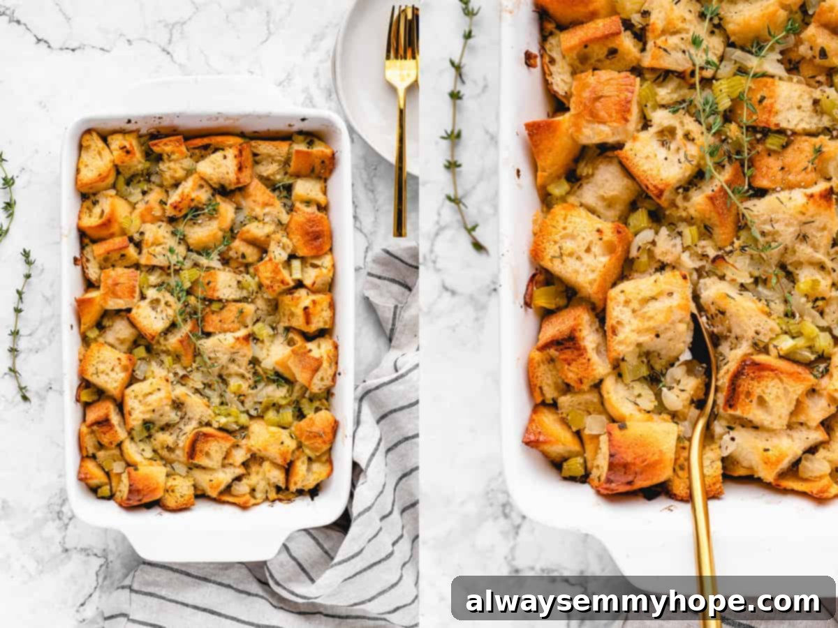 Side-by-side images of the finished baked stuffing, showcasing its golden-brown crust and inviting texture.