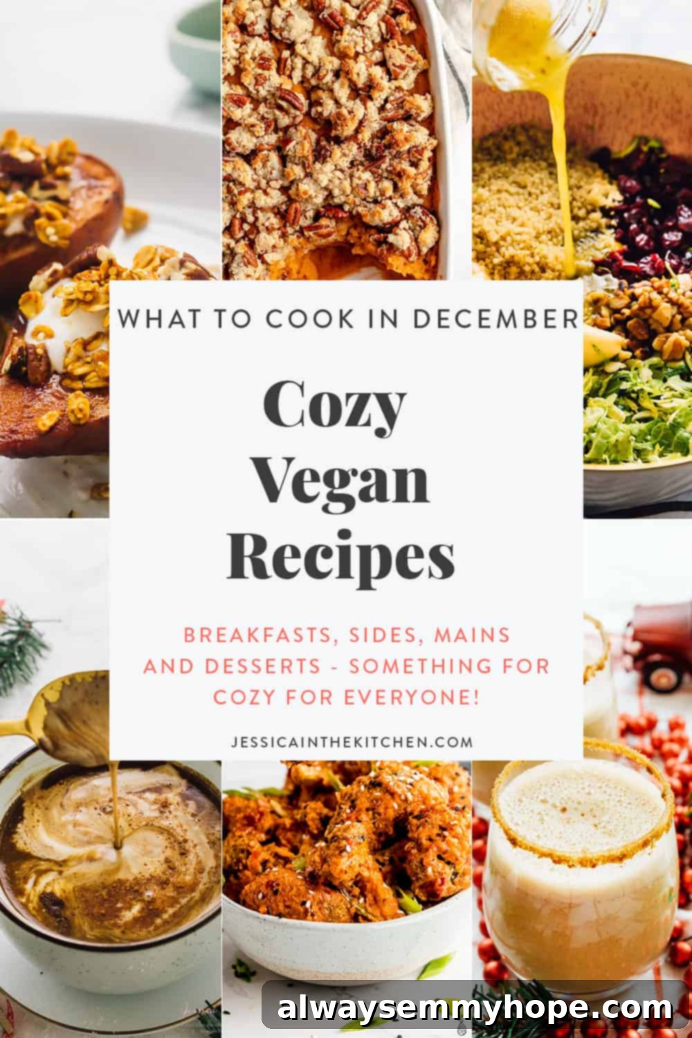 Aralık'ta İçinizi Isıtacak Vegan Tarifler 2 roundup graphic of cozy vegan recipes featuring 6 images and text for December cooking