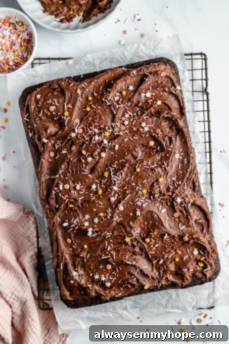 A freshly baked vegan chocolate sheet cake generously covered with rich chocolate frosting and colorful sprinkles, ready to be enjoyed.