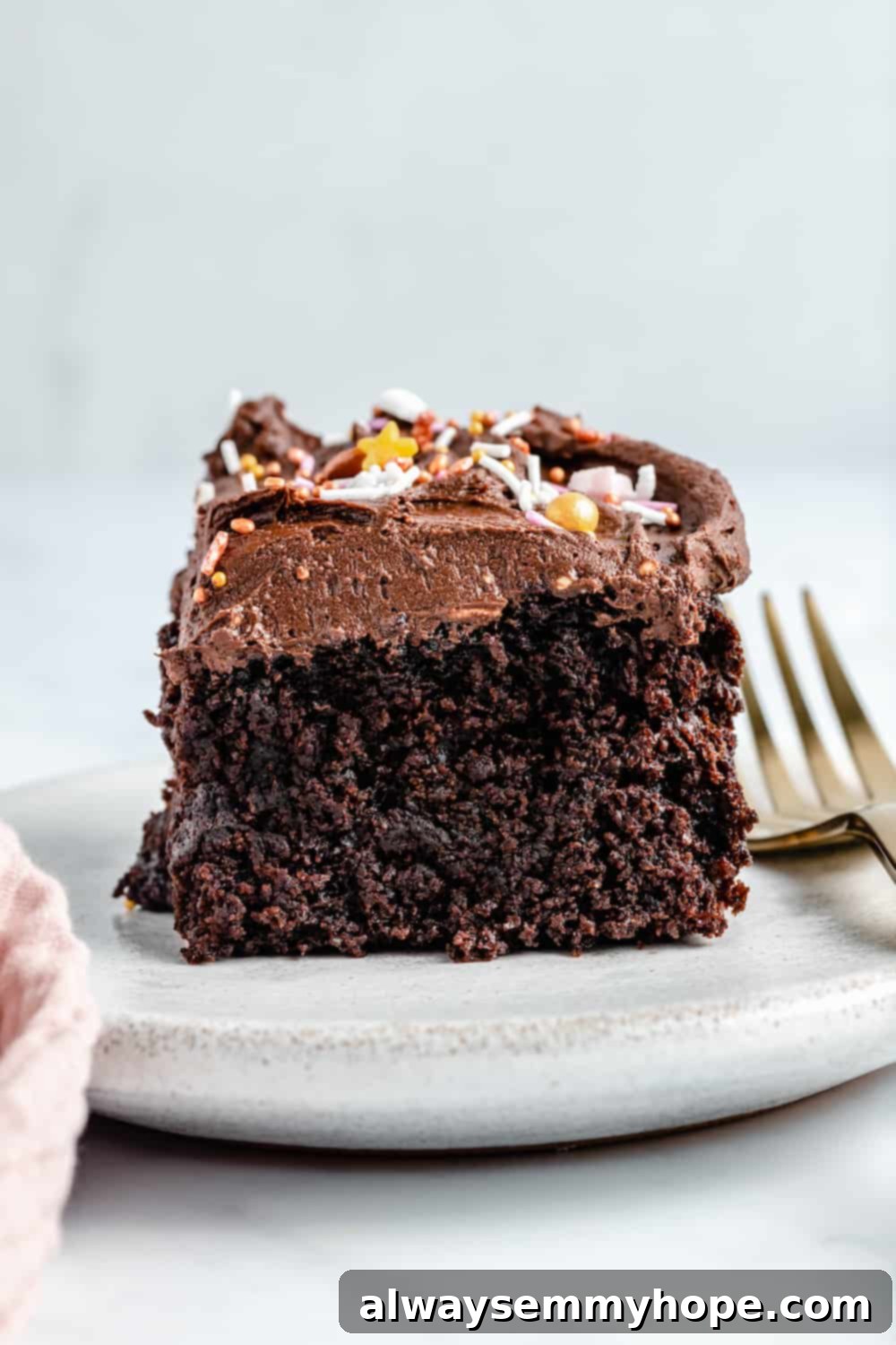A single square of vegan chocolate sheet cake with sprinkles, perfectly presented on a white surface.
