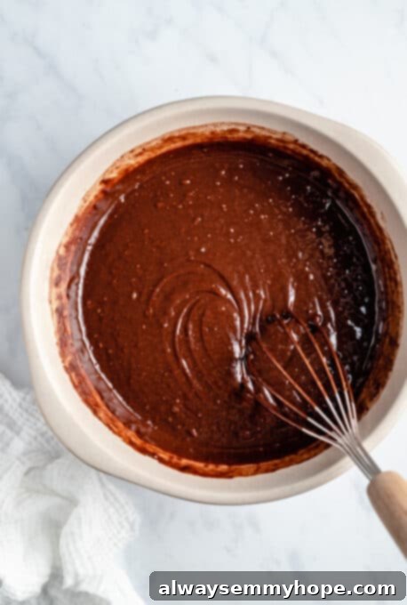 Close-up view of smoothly mixed vegan chocolate cake batter in a large mixing bowl, ready for baking.