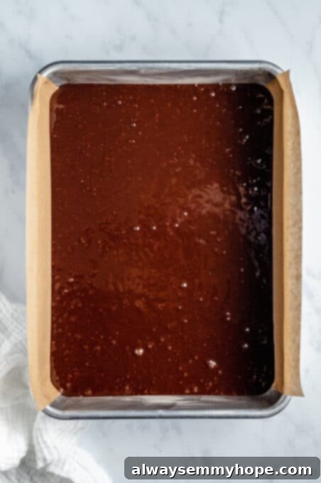 Rich vegan chocolate cake batter poured into a parchment-lined sheet pan, ready for the oven.