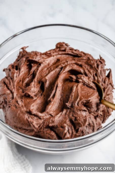 A bowl of creamy, rich vegan chocolate frosting, perfectly whipped and ready to spread.