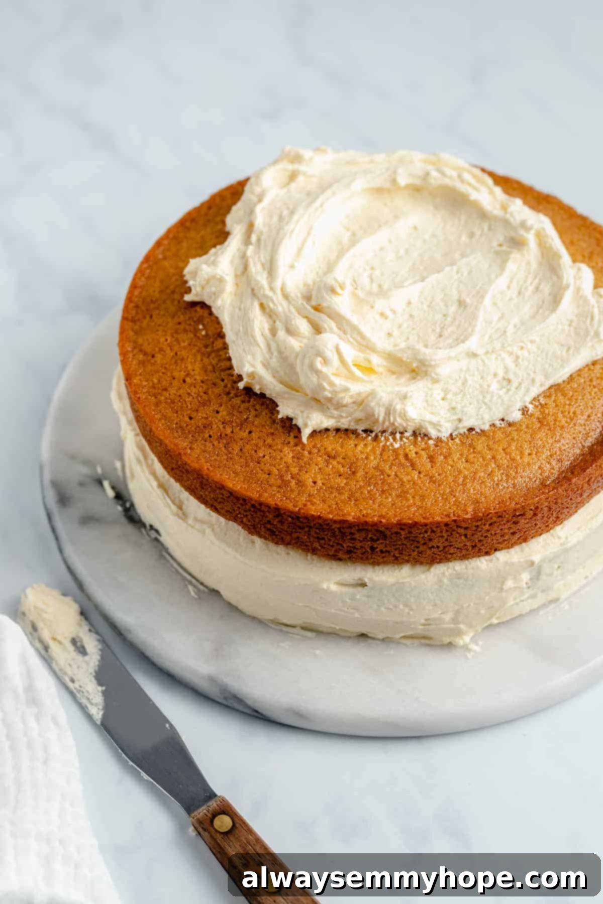 Achieve a professional finish with this guide to frosting your double-layer vegan vanilla cake. A double-layer vegan vanilla cake being meticulously frosted with smooth white buttercream, showing the process of achieving a beautiful, even finish.